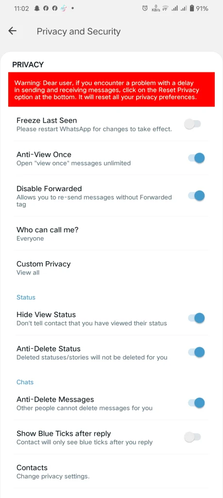 privacy and security features and function to hide your last seen or freeze your last seen in blue WhatsApp plus- many other privacy option