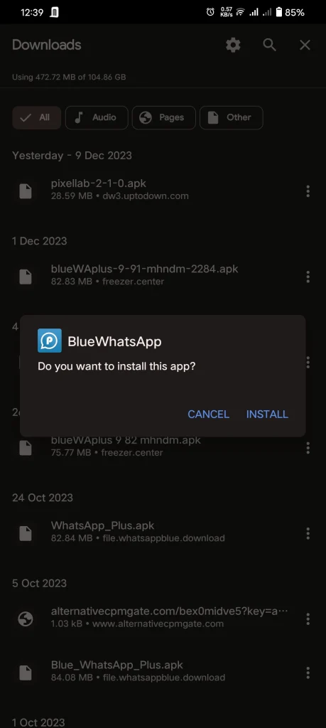 blue WhatsApp plus install button- press icon to install it