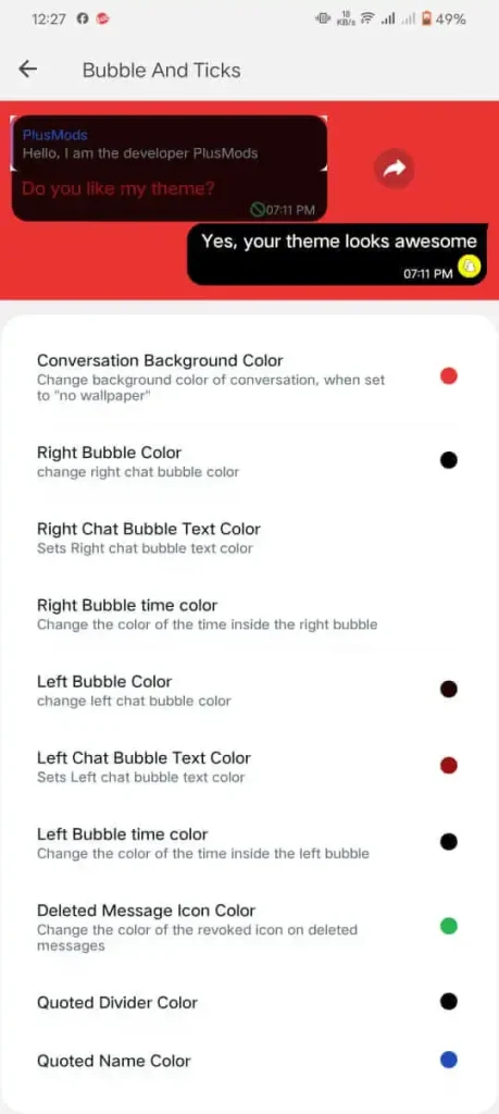 right and left bubble text, background, and time color options in blue WhatsApp plus