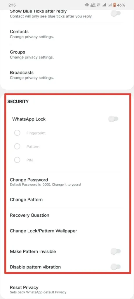 enable WhatsApp lock to lock the blue WhatsApp plus- lock process to lock the screen