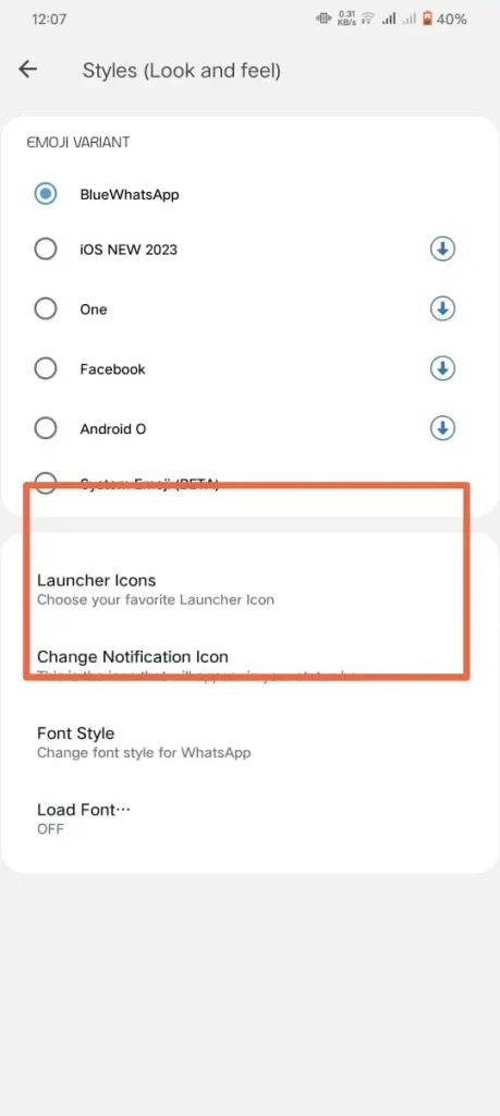 launcher icon option to change icon in blue WhatsApp plus