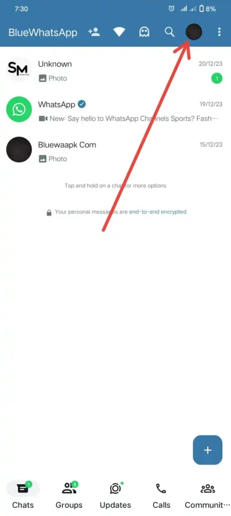 click on profile image to add second account in blue WhatsApp plus- in header section