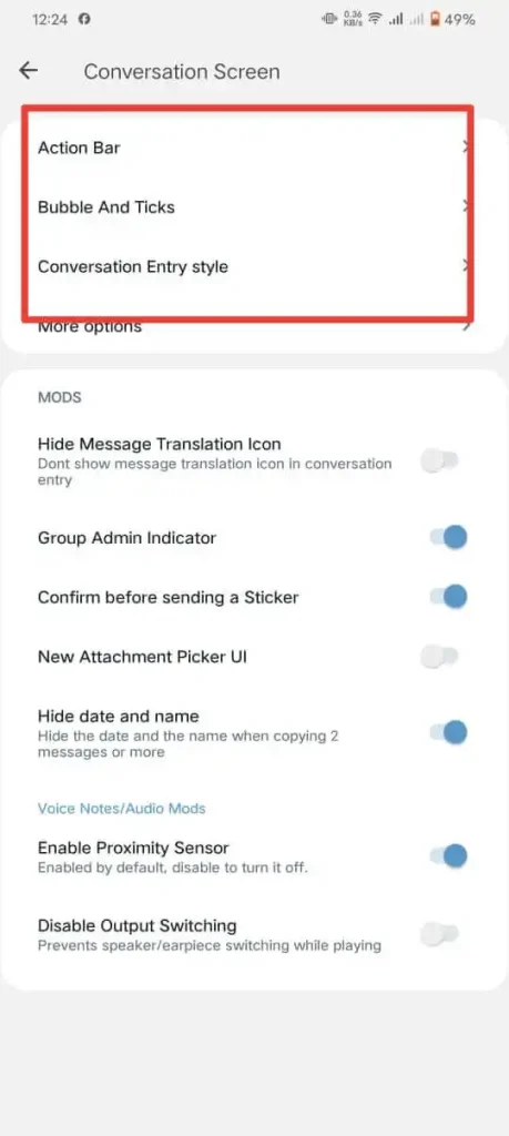select bubble and tick in conversation tab in blue WhatsApp plus- change tick and bubble style
