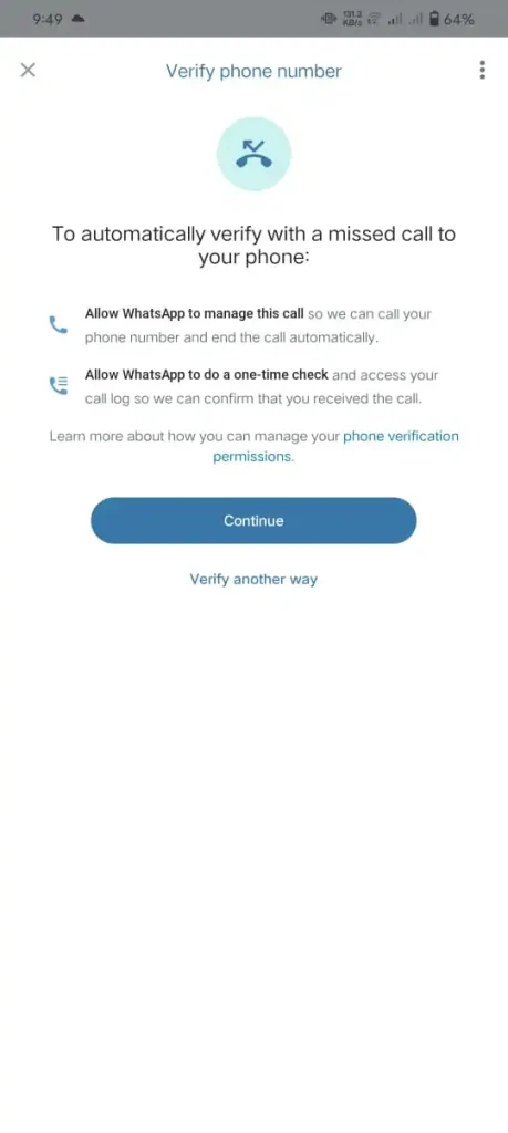 click on continue button so that WhatsApp call to your number- steps to WhatsApp call verification method through flash call