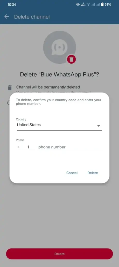 enter WhatsApp number to delete WhatsApp channel