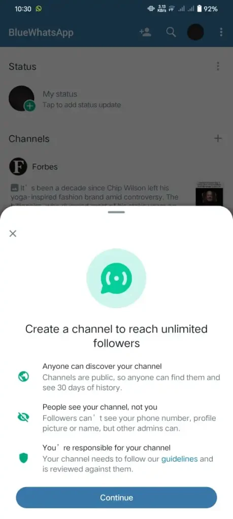instruction popup during channel creating