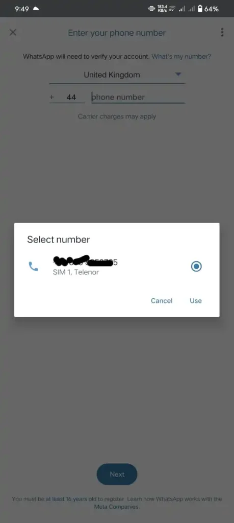 select your number for WhatsApp verification- flash call verification method through flash call